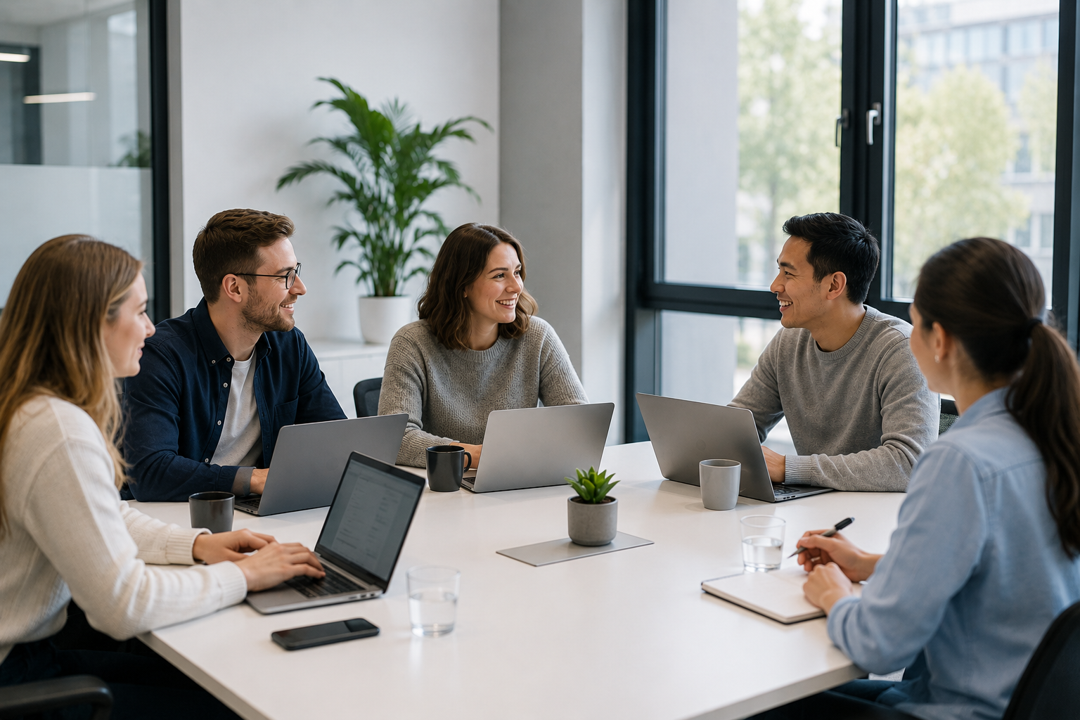 Team in einem modernen Büro arbeitet kollaborativ an einem Wissensmanagement-Projekt.